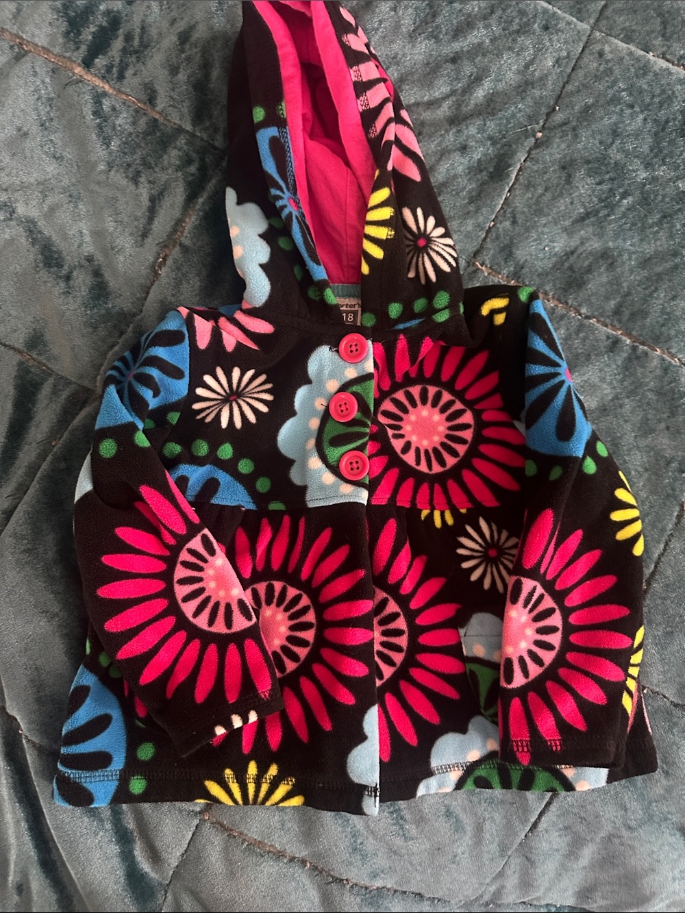 Carter's Black Hooded Fleece Jacket with Pink & Blue Floral Print